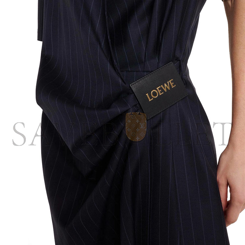 LOEWE PINSTRIPE GATHERED WOOL WRAP DRESS 